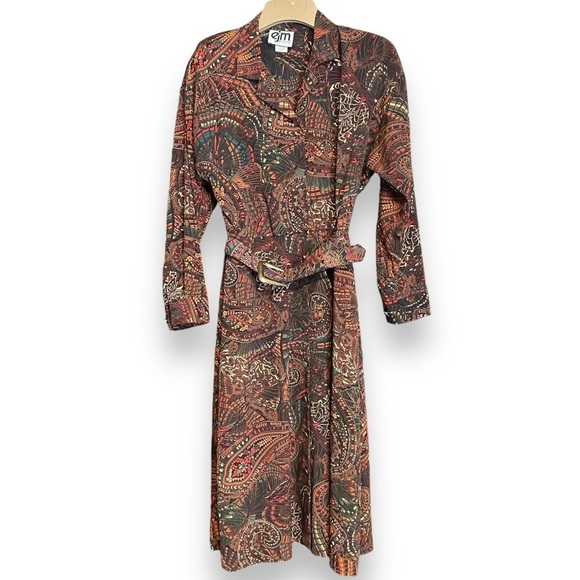 Vintage EJM Paisley Swirl Patterned Button Front Belted Shirt Dress Made in USA - Picture 1 of 9